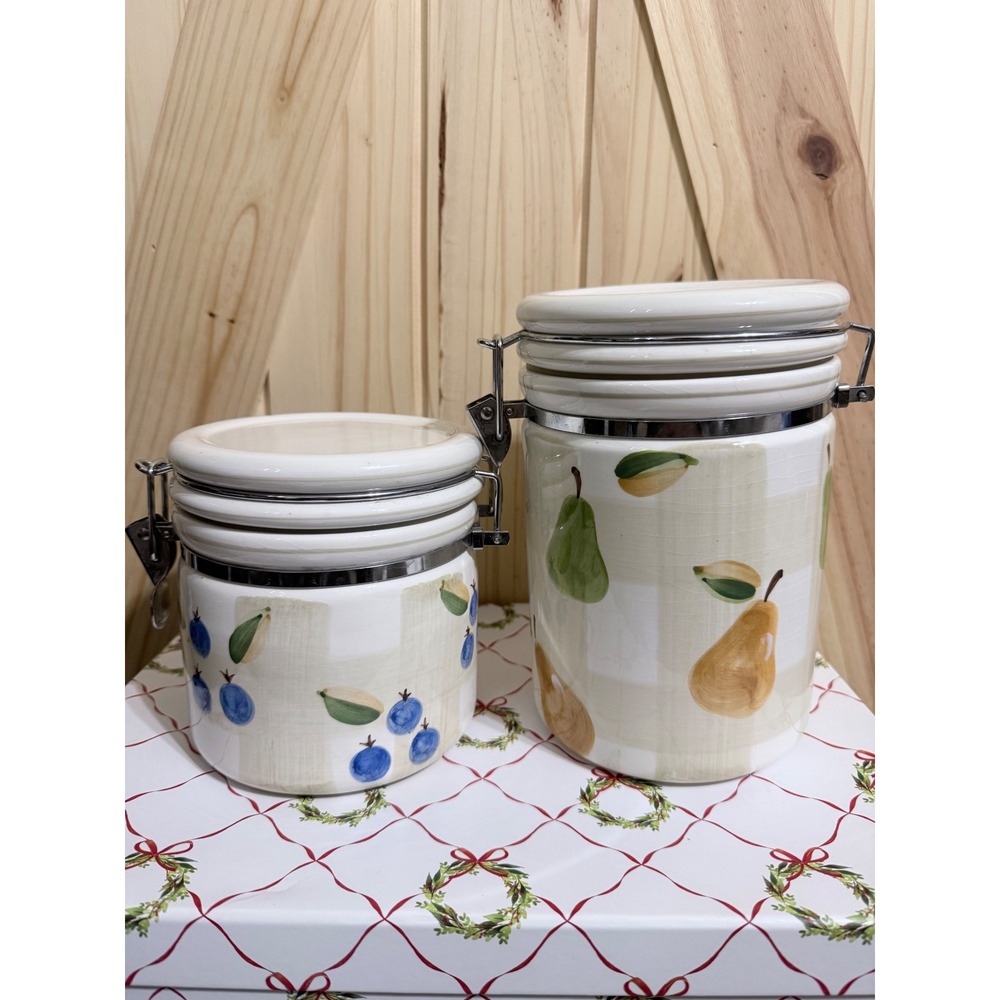 CIC Certified International Fruit Plaid Ceramic Canister Set 2 Pears Blueberries